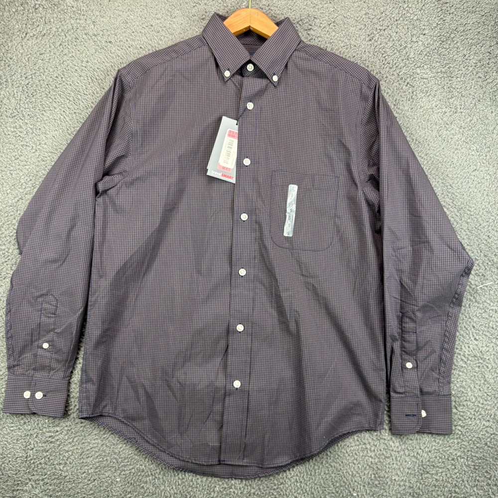 Roundtree Yorke‎ TravelSmart Mens Small Blue Brown Micro Gingham Dress Shirt NWT